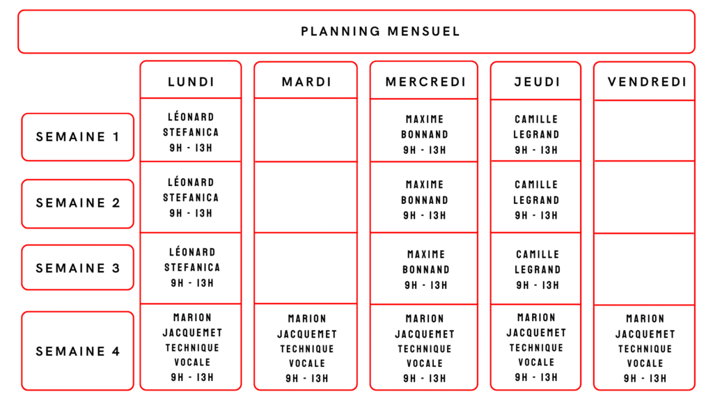 planning exemple d'un mois au TAMA